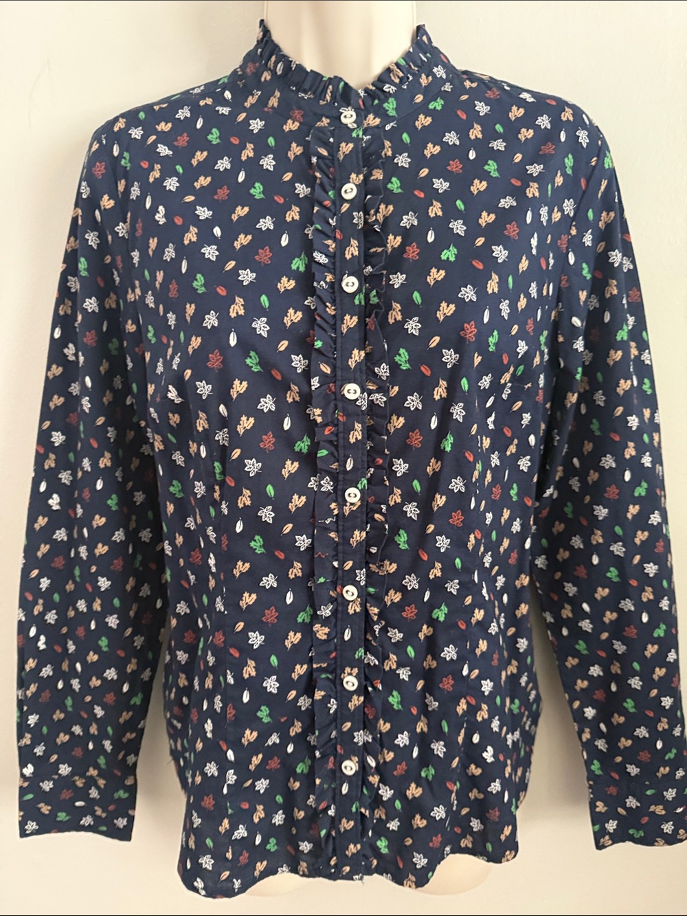 Tommy Hilfiger Navy Autumn Fall Floral Ruffle-Trim Button Down Shirt - Picture 1 of 12